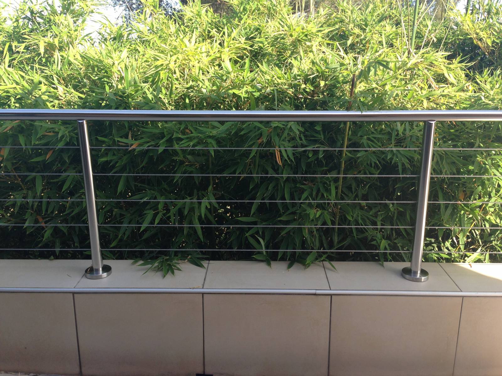 Garde-corps en inox poli entourant une piscine, avec des plantes luxuriantes en arrière-plan, garantissant sécurité et esthétisme.